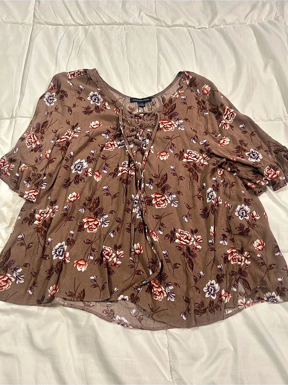 American Eagle Women’s Large Brown Floral Lace-Up Boho Blouse